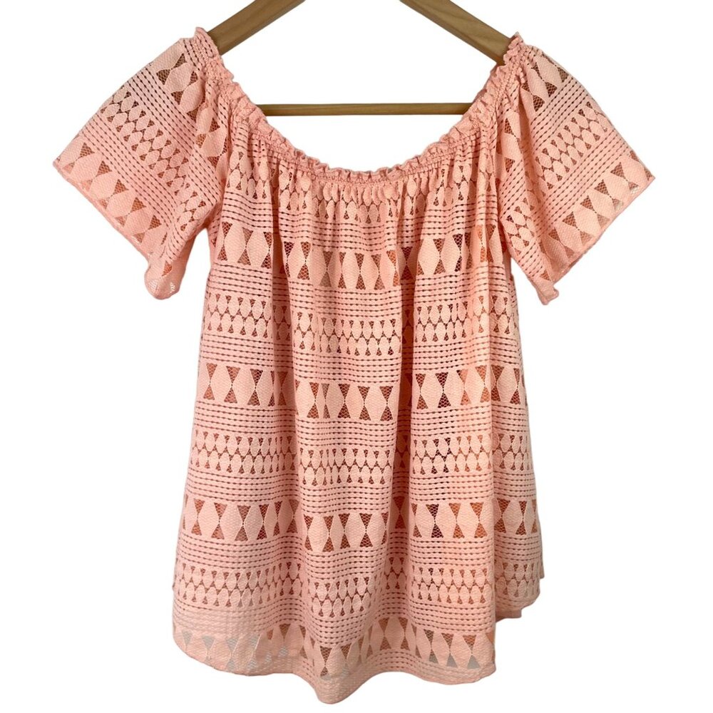 Mittoshop Womens SIze M Peach Short Sleeve Lace Overlay/Lined Shirt - Picture 7 of 10
